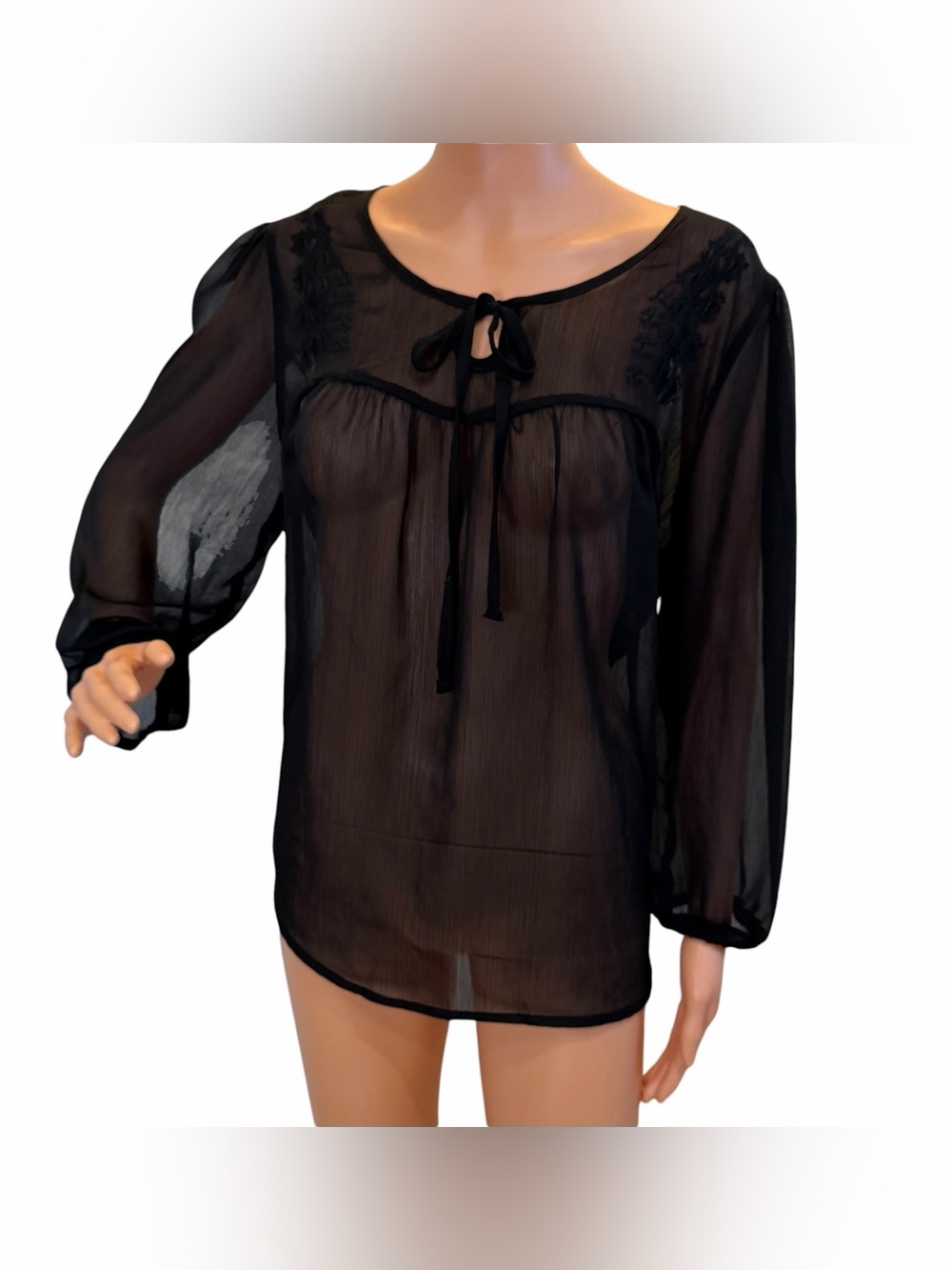 Mossimo Black Sheer Embroidered Boho Blouse Women’s XXL Tie Neck Long Sleeve Top